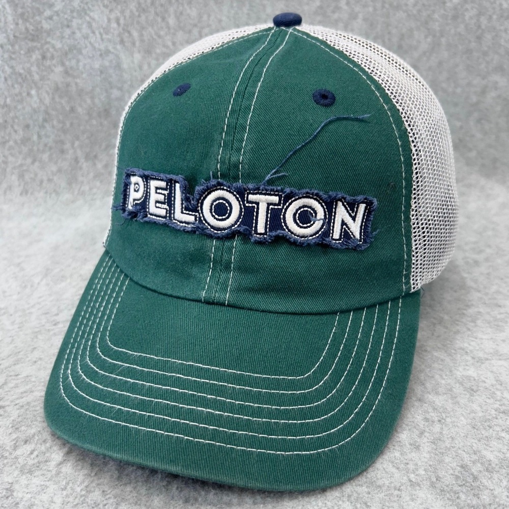 Peloton Mens Trucker Hat Green White Mesh Back Distressed Logo Adjustable Cap